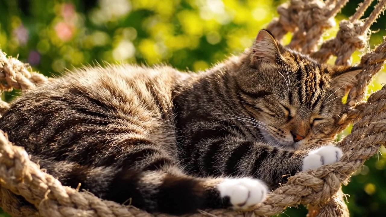 Gatto Soriano Rilassato si Gode un Sonnellino Tranquillo in un'Accogliente Amaca Circondato da Fiori Vivaci e Vegetazione Rigogliosa, Perfettamente Catturato con Luce Naturale