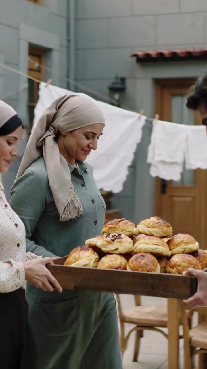 Video verticale: Donna con foulard che porge un vassoio di dolci mentre un uomo allunga la mano verso il vassoio in un cortile.