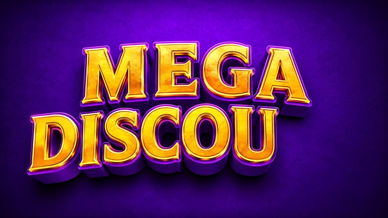 Titolo Tridimensionale Dorato 'Mega Sconto Elegante' Visualizzato su Sfondo Viola Radioso
