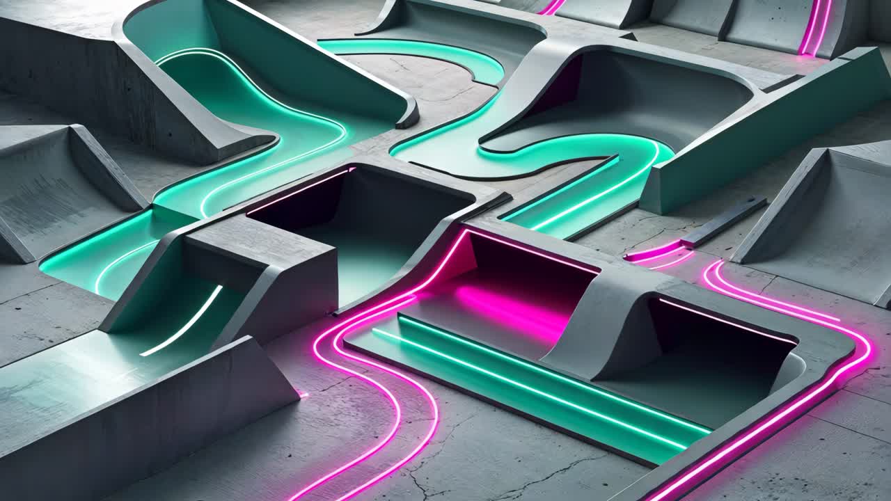 Abstract Geometric Concrete Structure with Neon Lights