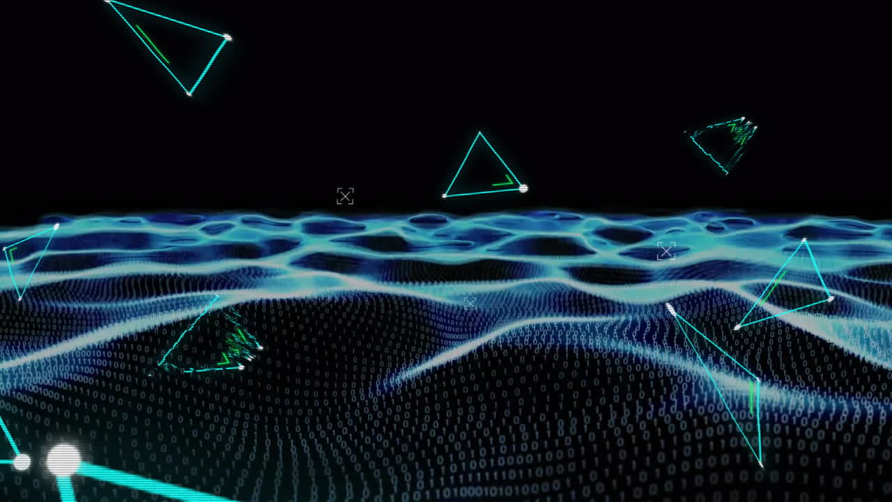 Animation of connected dots forming geometric shapes and dynamic wave pattern over black background