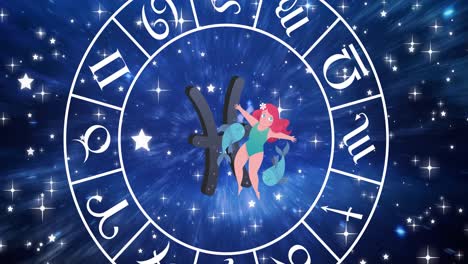 animación del signo de piscis dentro de la rueda giratoria de los signos del zodiaco sobre las estrellas en el cielo azul