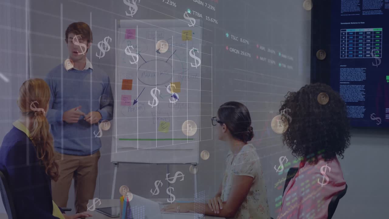 animación del procesamiento de datos financieros en diversos grupos de empresarios