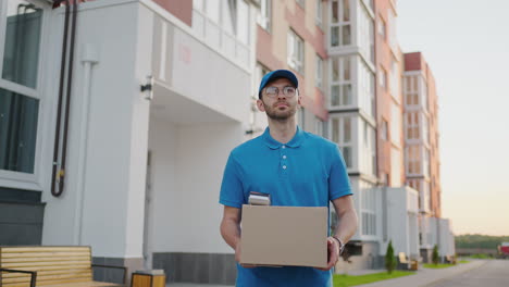 young delivery man wearing glasses and gloves holding box use phone walking on street quarantine outdoor shopping package pandemic postman self isolation slow motion