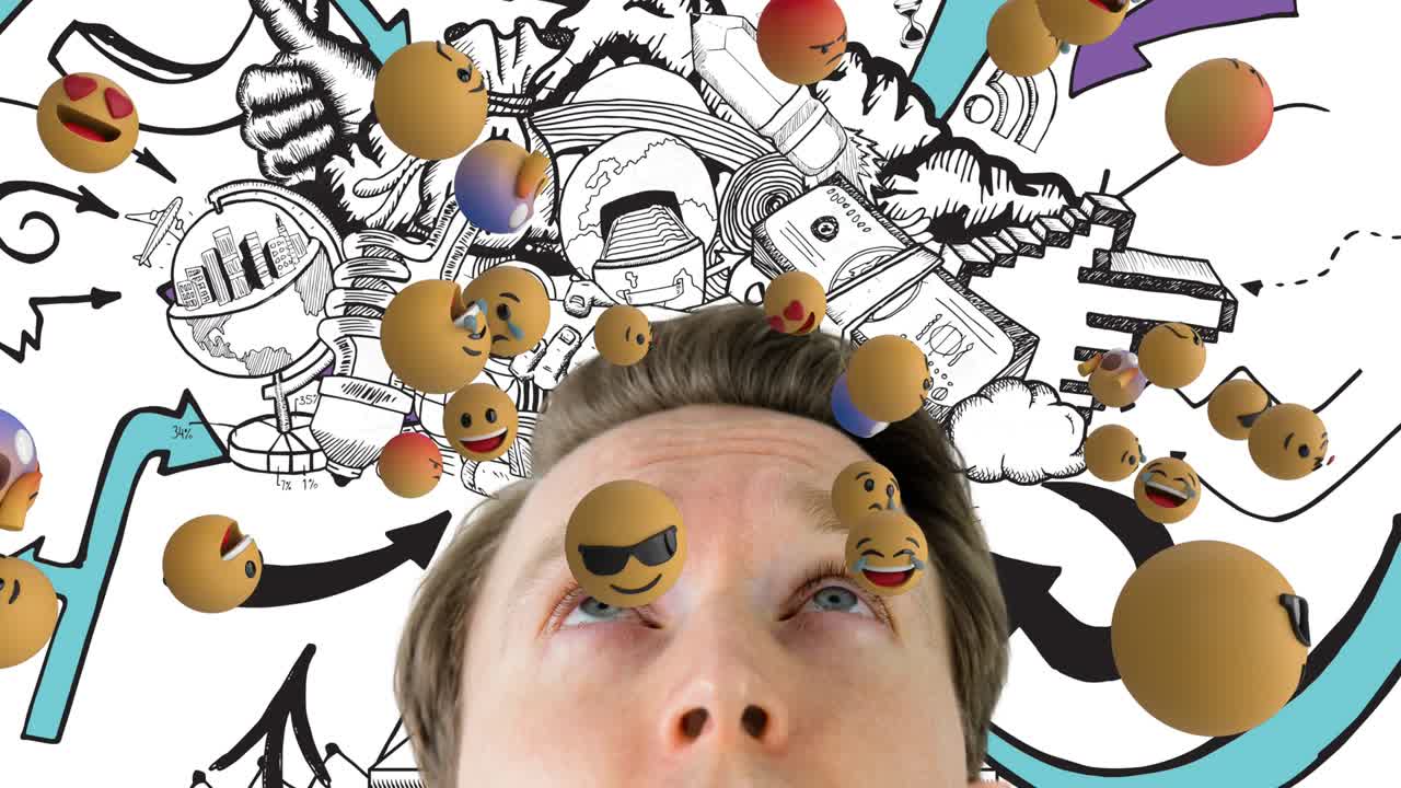 анимация икон эмодзи над кавказским человеком и иконками на белом фоне