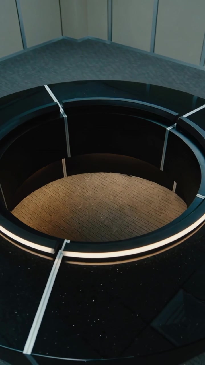 Video verticale: La telecamera si allontana rivelando un anello nero circolare nella hall, evidenziando una striscia LED.