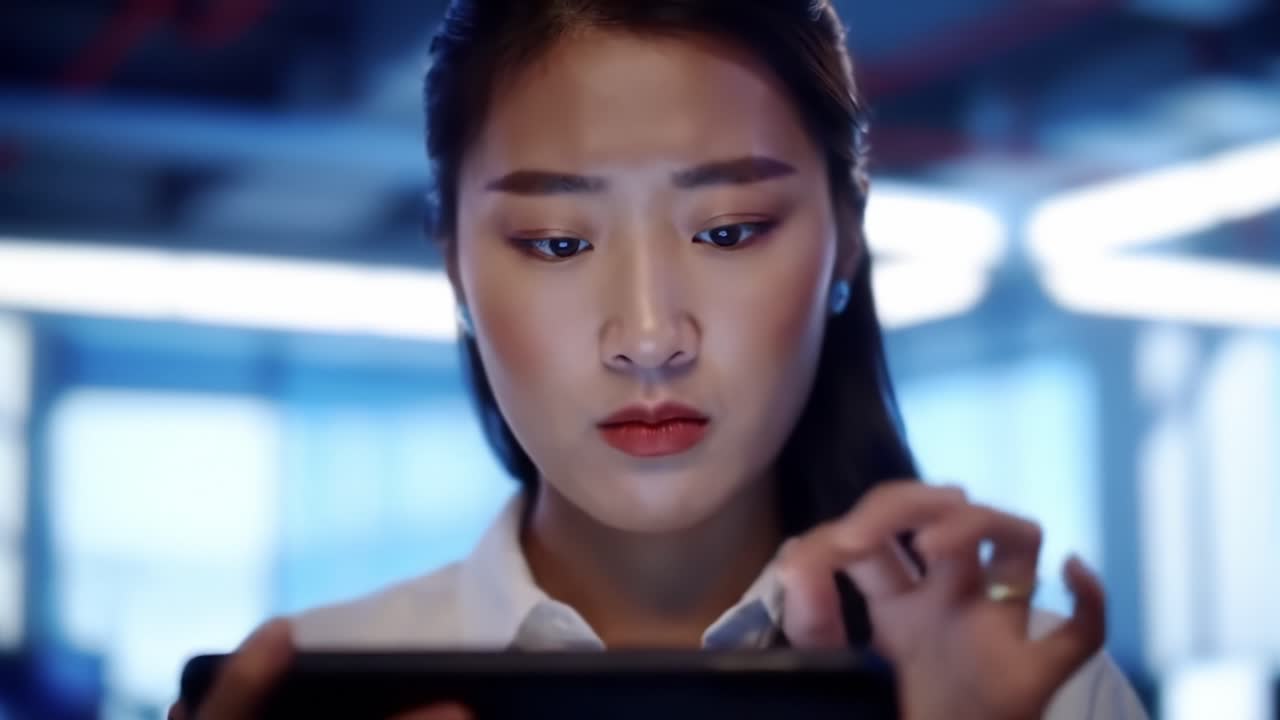 Focused Engagement: A Young Woman Deep in Thought as She Interacts with a Tablet in a Modern, Illuminated Environment Highlighting Concentration and Technology Use