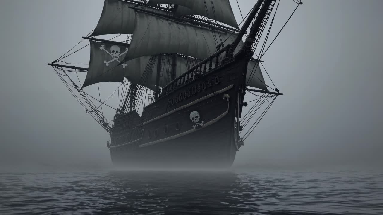 Ghostly pirate vessel gliding through dense maritime fog, dark skull and crossbones flag billowing, evoking mysterious nautical adventure and haunting maritime legend
