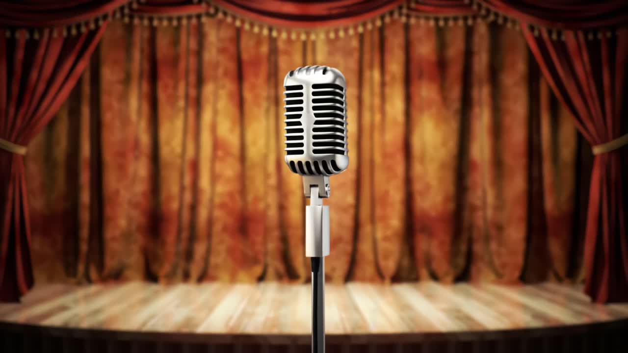 A Classic Microphone Stands Alone on a Stage with Richly Draped Curtains, Symbolizing the Beginning of Performance and Artistry, Ready to Capture the Audience's Attention