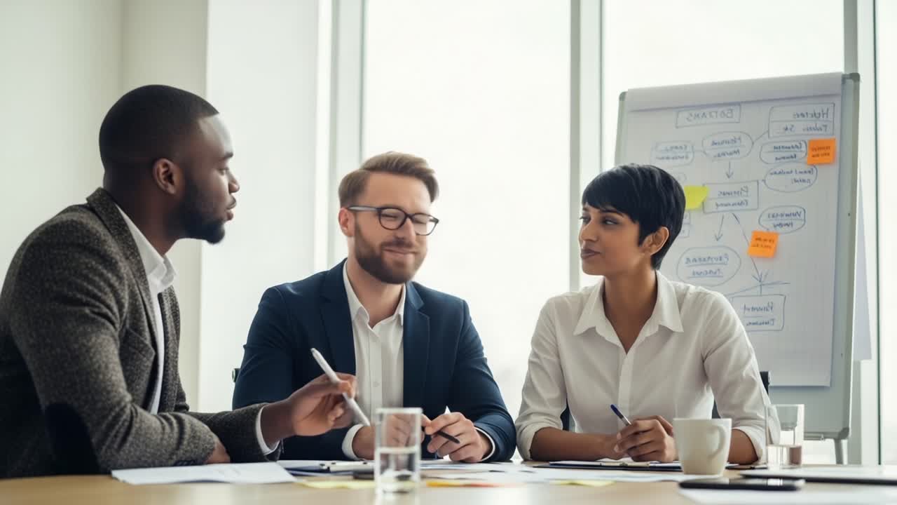 Business Team Collaborating in a Modern Office, Engaging in Discussion with Dynamic Expressions and Creative Ideas on a Whiteboard for Strategy Development