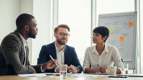 business team collaborating in a modern office, engaging in discussion with dynamic expressions and creative ideas on a whiteboard for strategy development