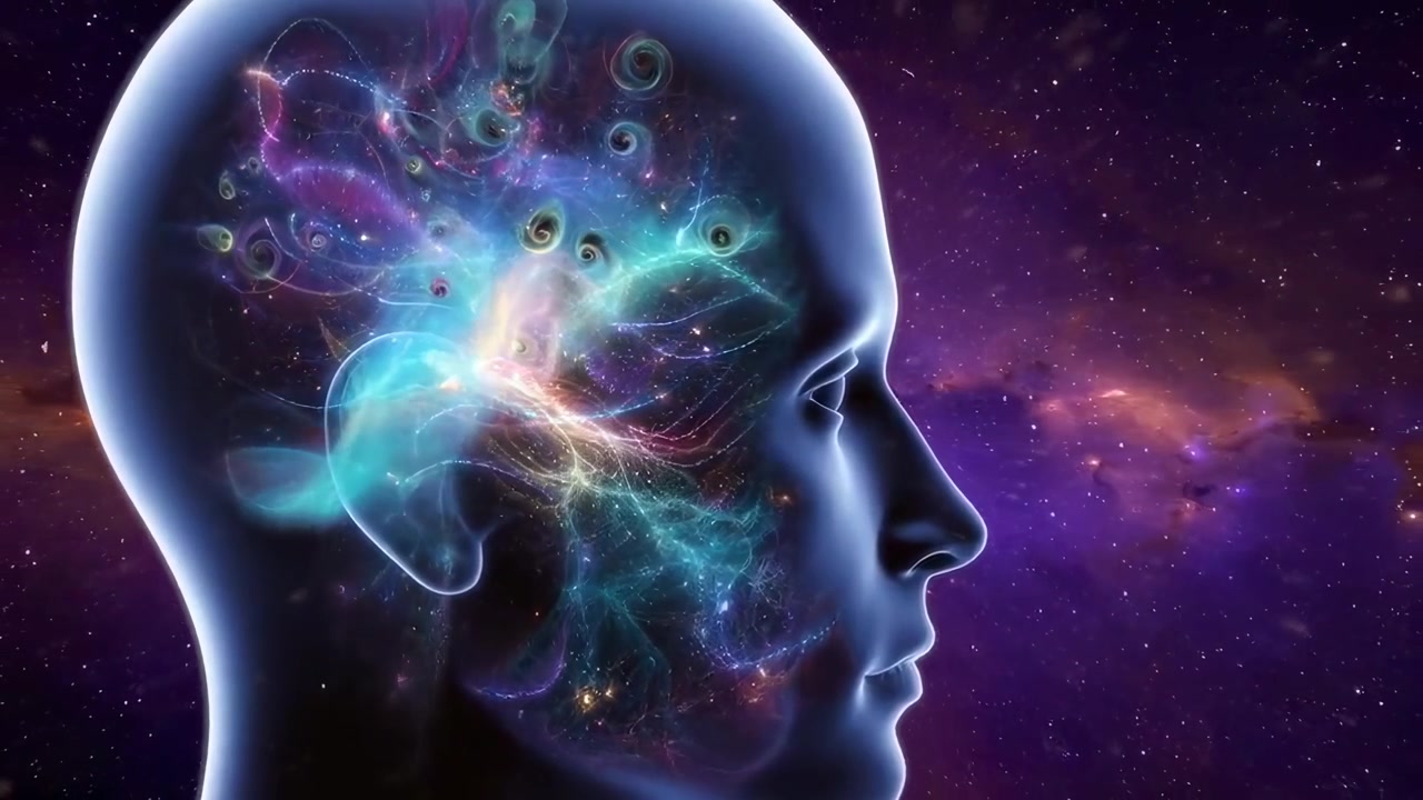 Human Head Silhouette with Glowing Neural Network and Cosmic Background
