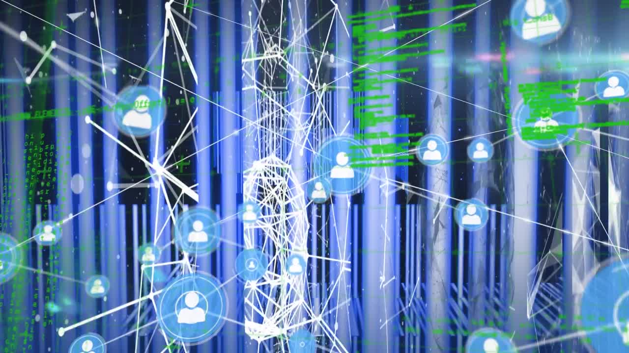 Animation of data processing and icons over blue background