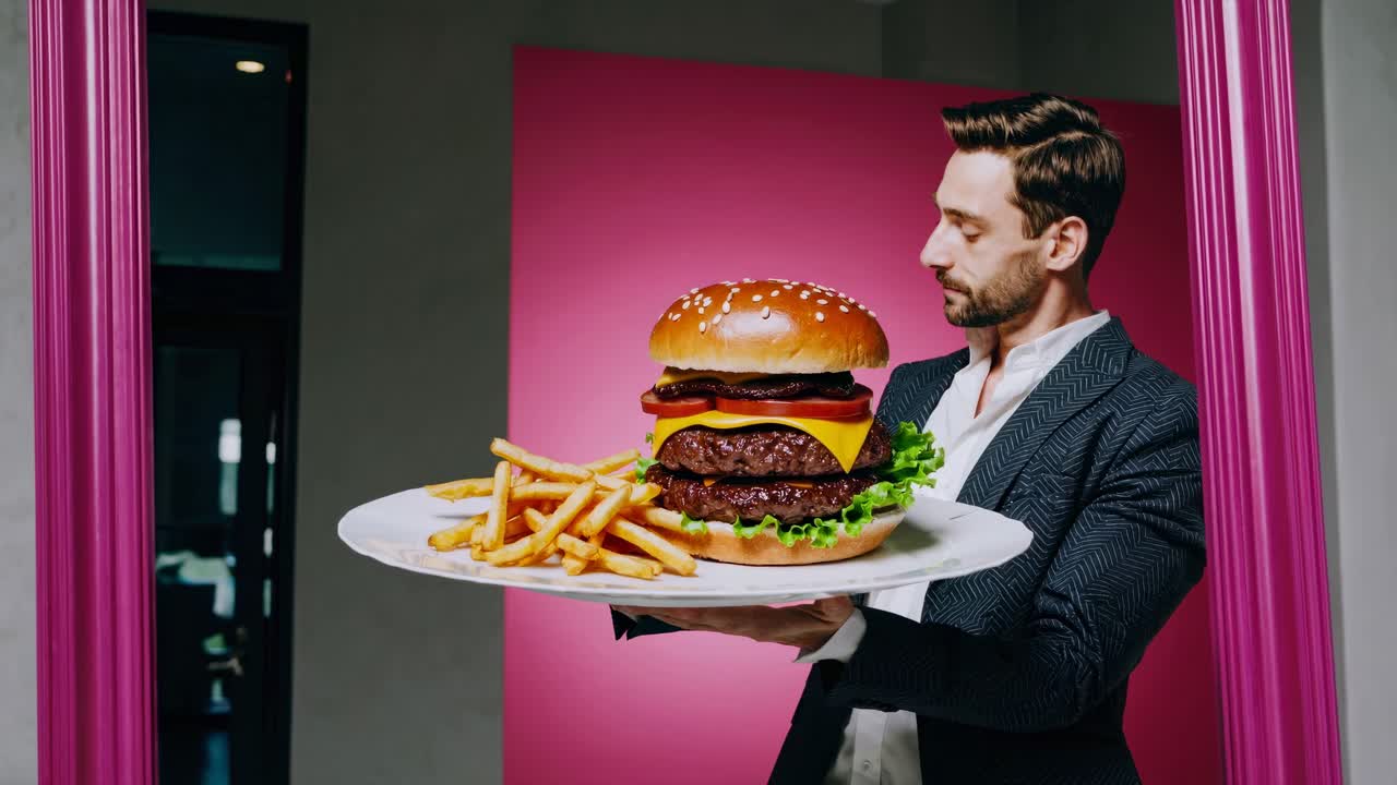 거대한 햄버거와 감자김을 들고 있는 남자