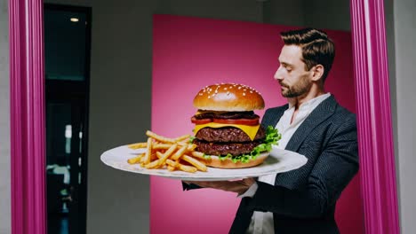 hombre con una hamburguesa gigante y papas fritas