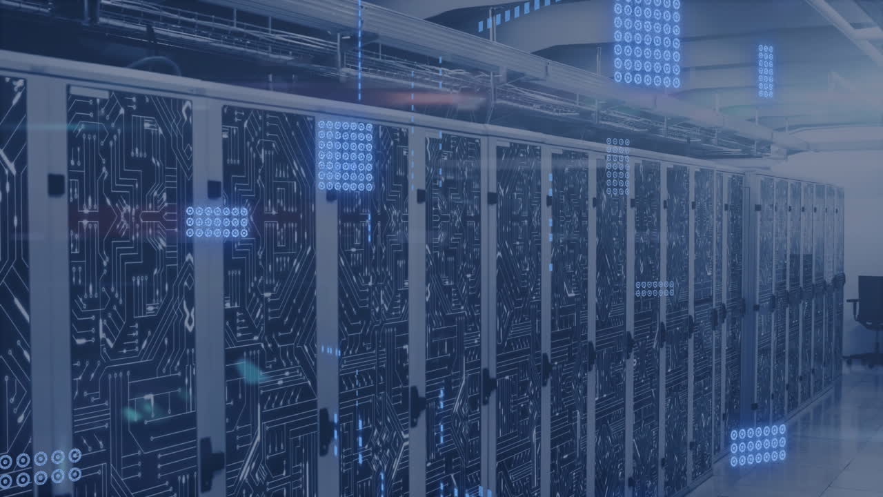 Animation of circuit board and data processing over computer servers