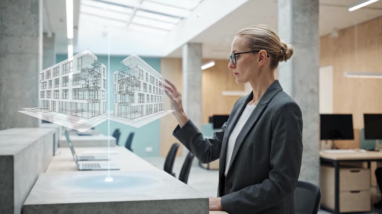 Eine professionelle Frau bei der Architekturvisualisierung in einem modernen Büro, die innovative Designkonzepte und einen kreativen Arbeitsablauf präsentiert.