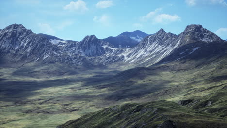 Red-brown-slopes-and-snow-capped-mountain-peaks