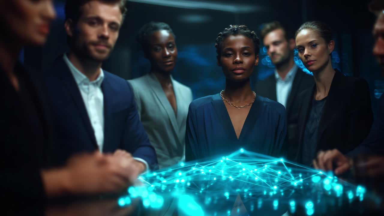 In an engaging and futuristic setting, a diverse group of professionals collaborates around a holographic display, showcasing innovative ideas and advanced technology while fostering teamwork and creativity