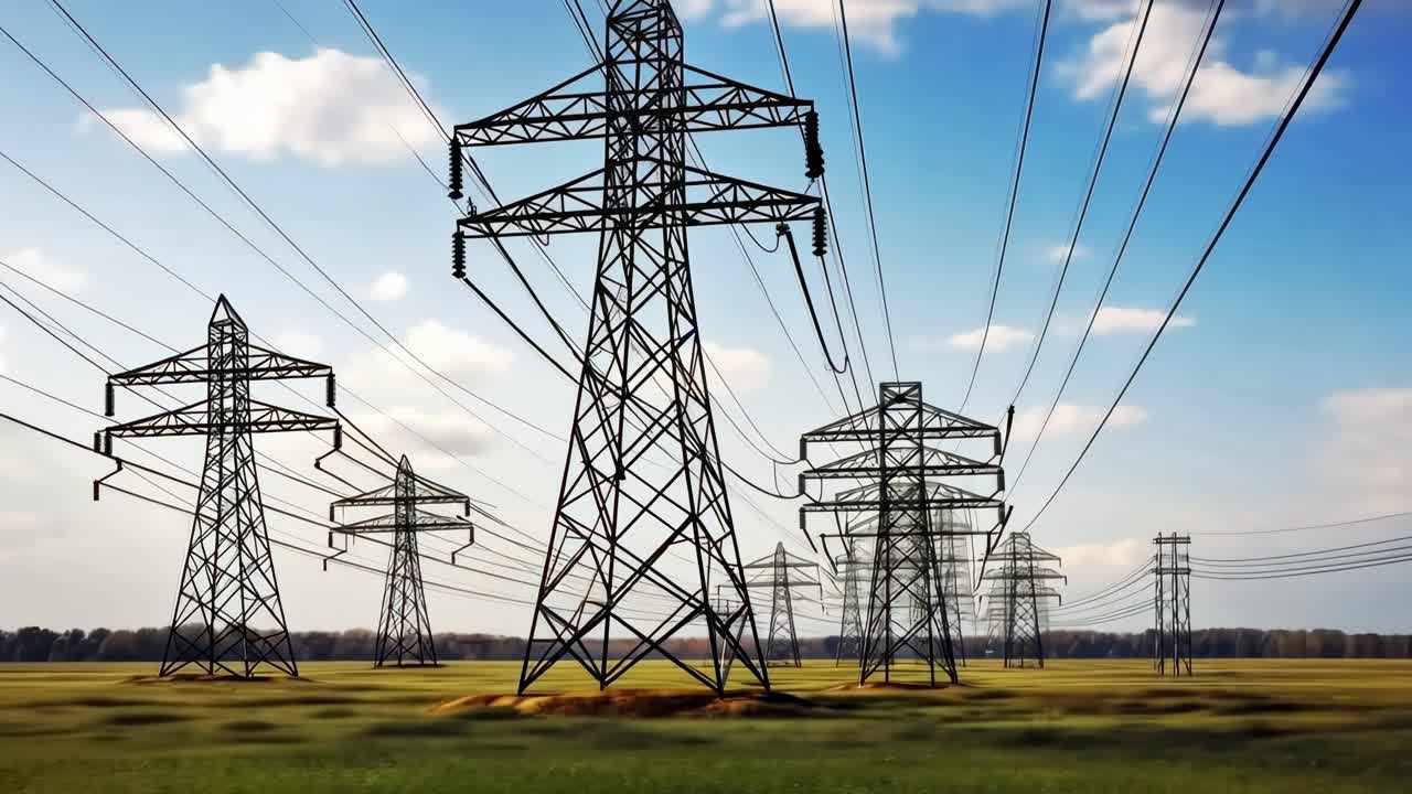 Wide-angle shot of power lines stretching across a green field under a blue sky, creating a dynamic
