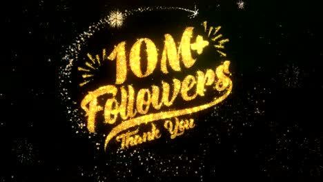 10m followers greeting and wishes card made from glitter particles and sparklers light dark night sky with colorful firework 4k background.