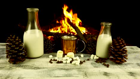 hot chocolate in front of fire