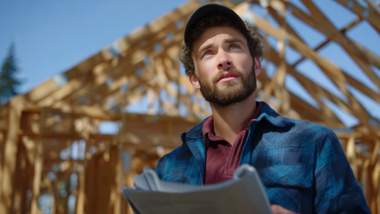 A skilled young builder stands confidently at a construction site, holding blueprints and gazing thoughtfully upwards, amidst a framework of a house coming together around him in the bright sun