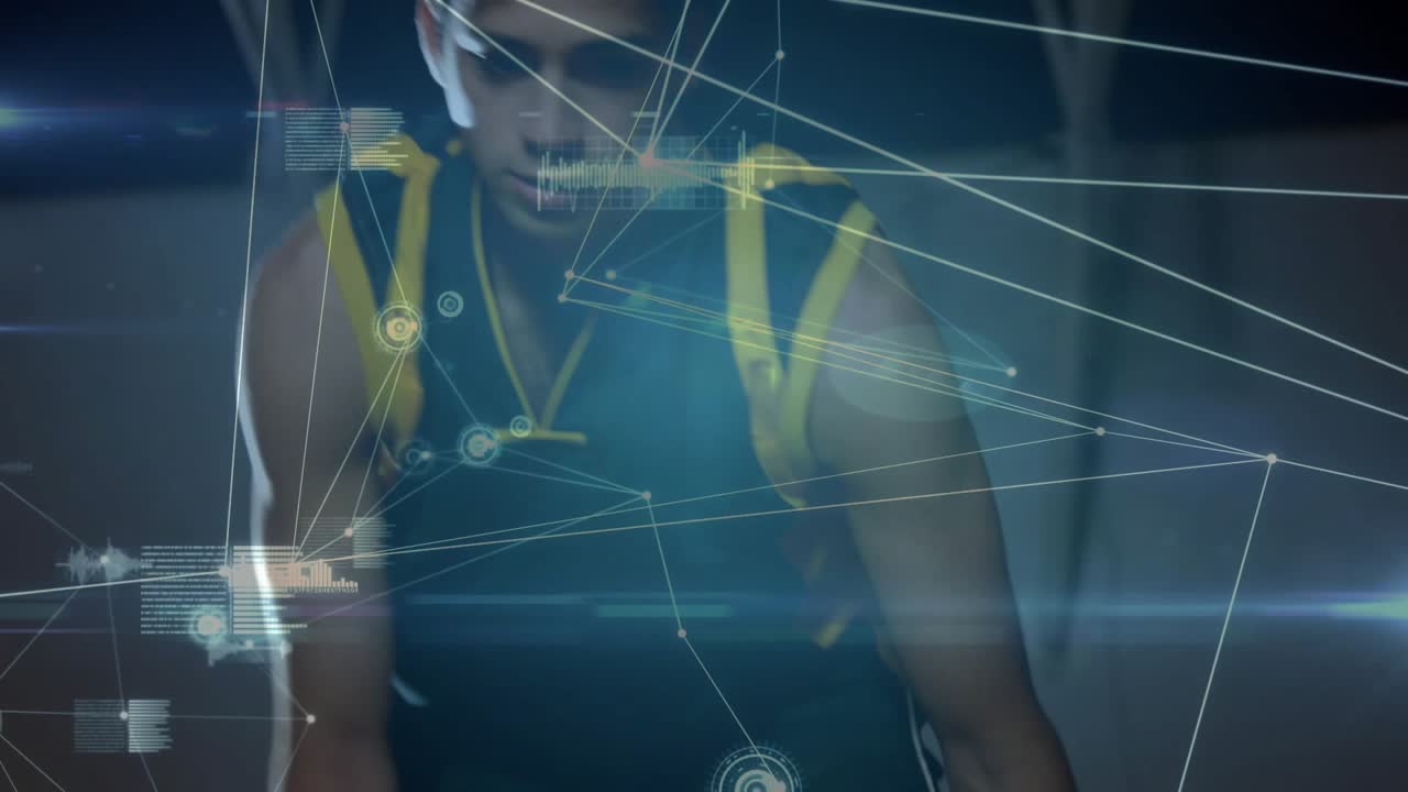 Player showing ball starting dribble between-legs as cam tilting HUD tracking for sports training