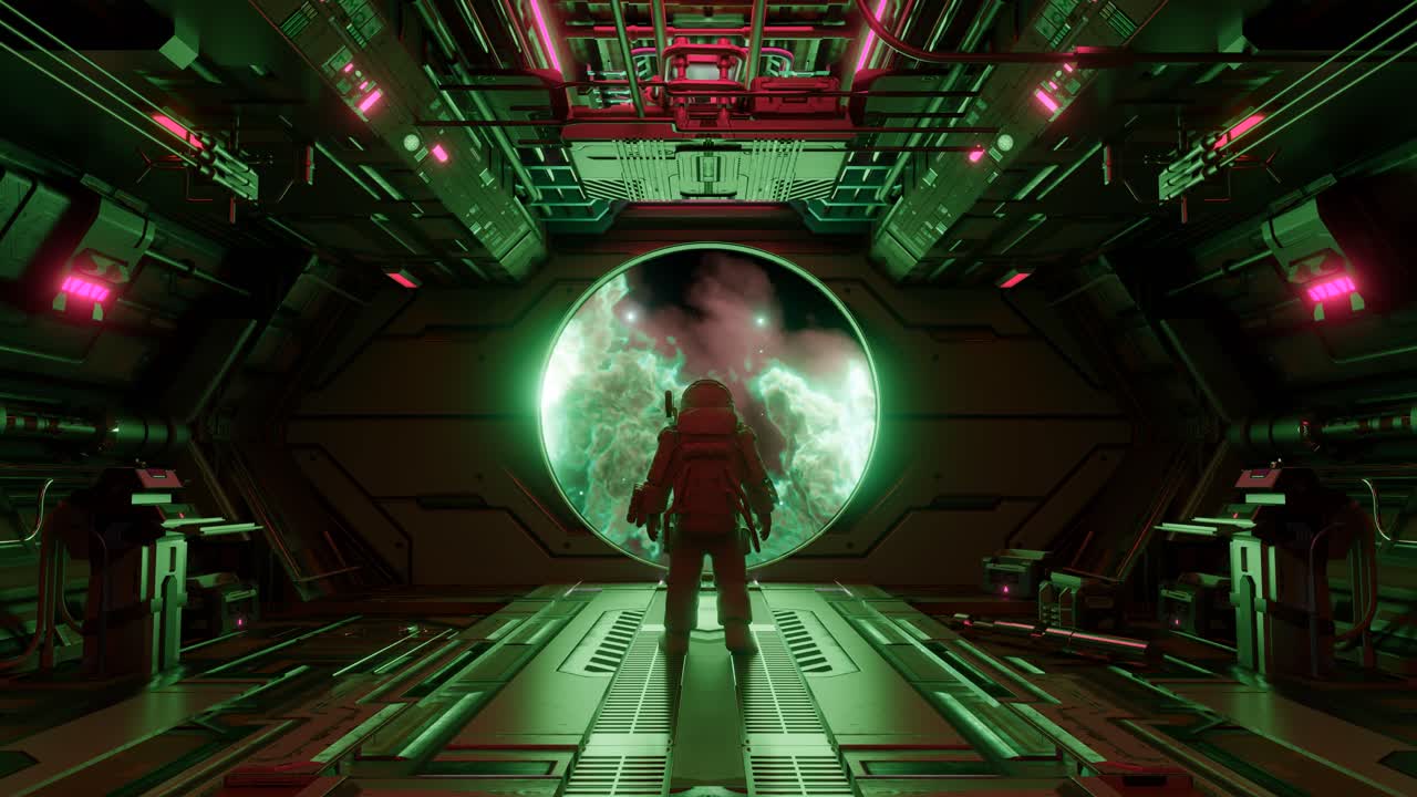Astronaut walking in spaceship corridor towards green nebula