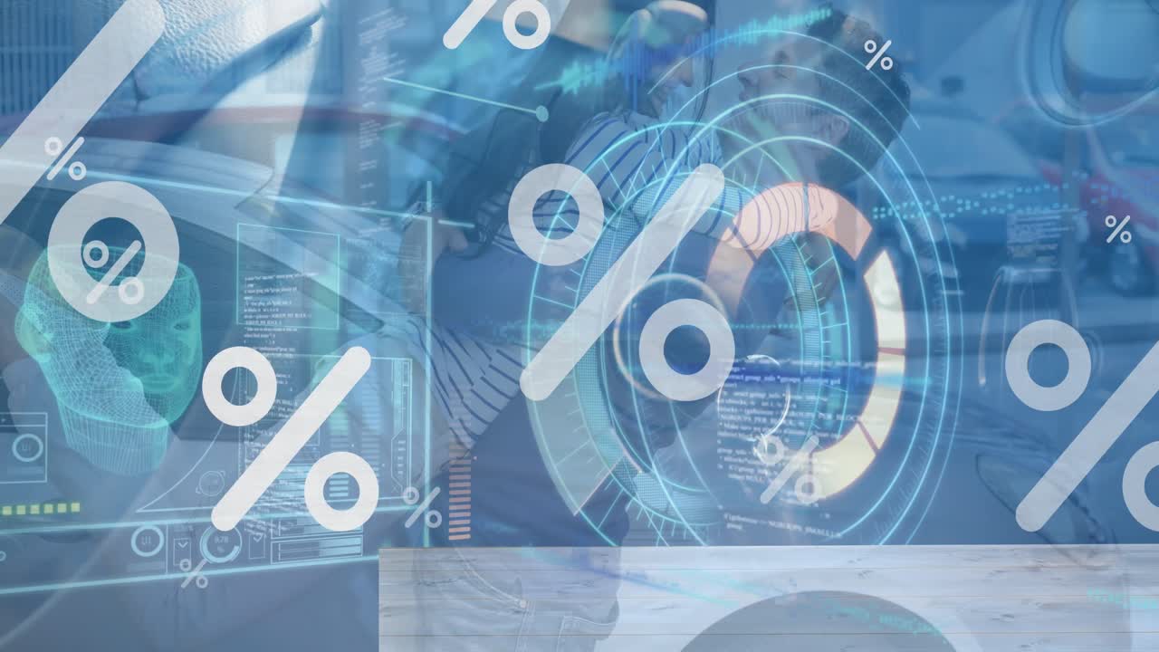 백인 남성 수리 자동차에 대한 퍼센트, 처리 서클 및 다양한 데이터의 애니메이션