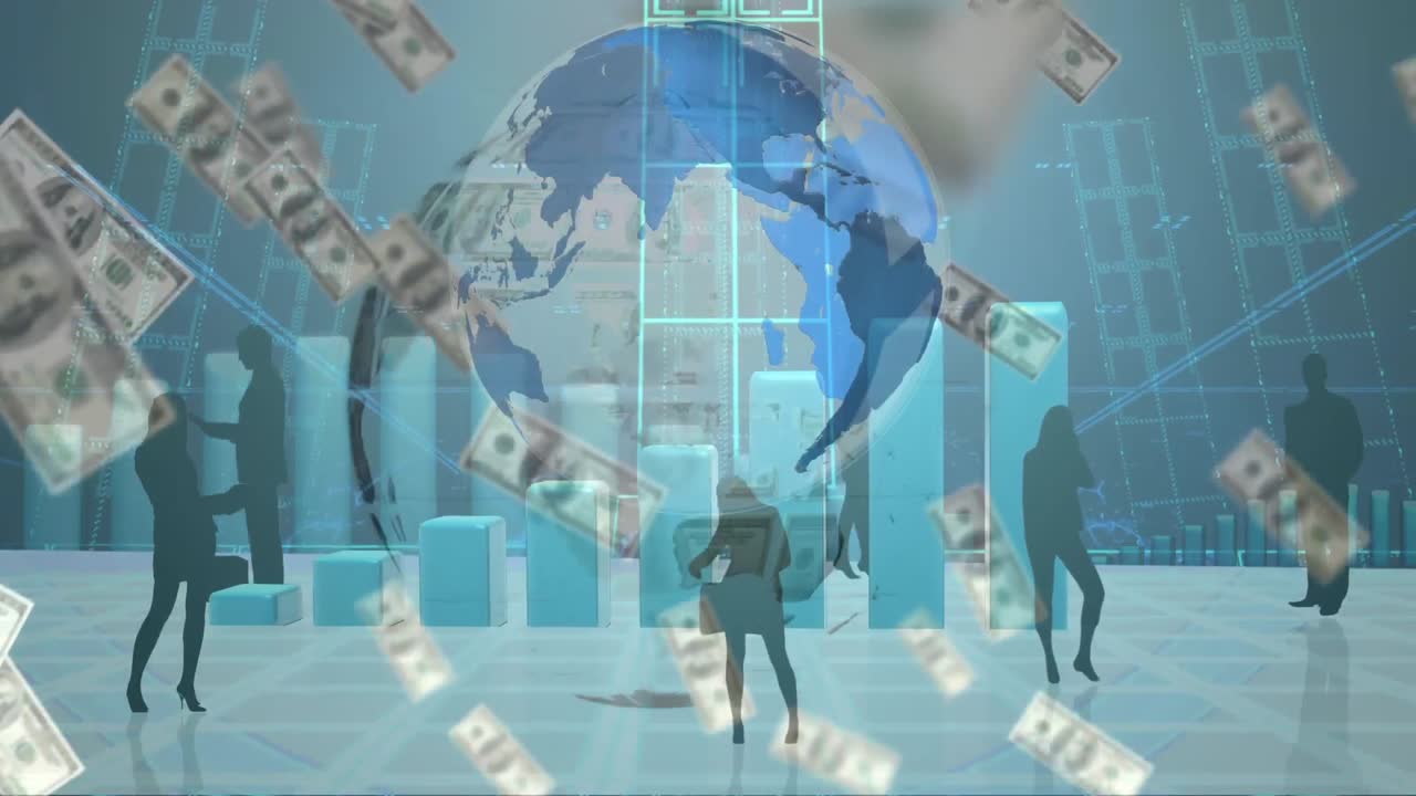 통계 기록 및 데이터 프로세스와 함께 떠다니는 달러 지폐로 회전하는 지구의 애니메이션