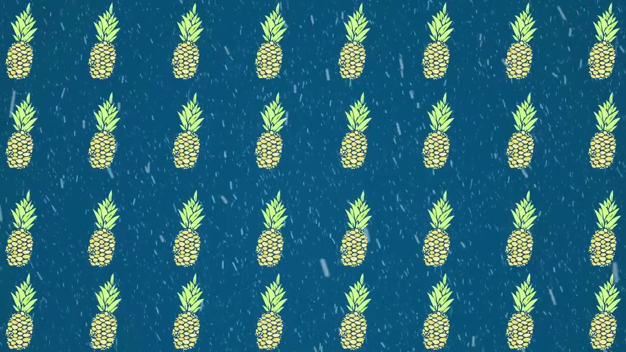 Animation of pineapples moving on snowy blue background