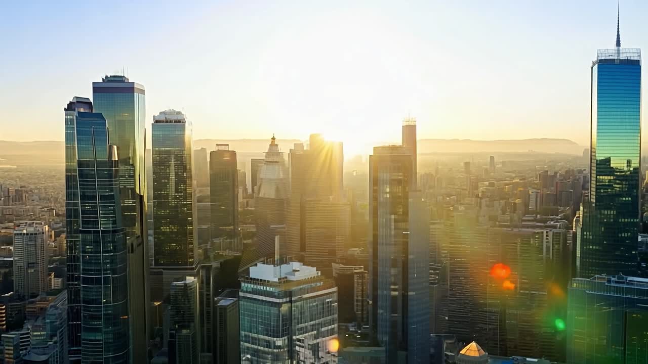 Sunrise illuminating a modern city skyline, creating a beautiful lens flare effect against the urban landscape