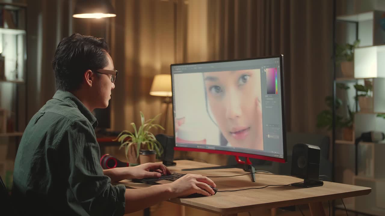 Asian Male Digital Editor Using Mobile Phone While Works In Photo Editing Software On His Personal Computer With Big Display, He Works At Night