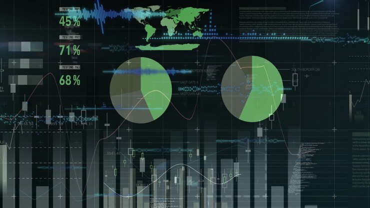 Financial data and global statistics animation over stock market charts and graphs