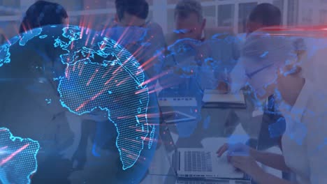 animation of globe and light beams rotating over caucasian businesspeople discussing ideas in office