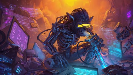 cybernetic wolf amidst digital chaos