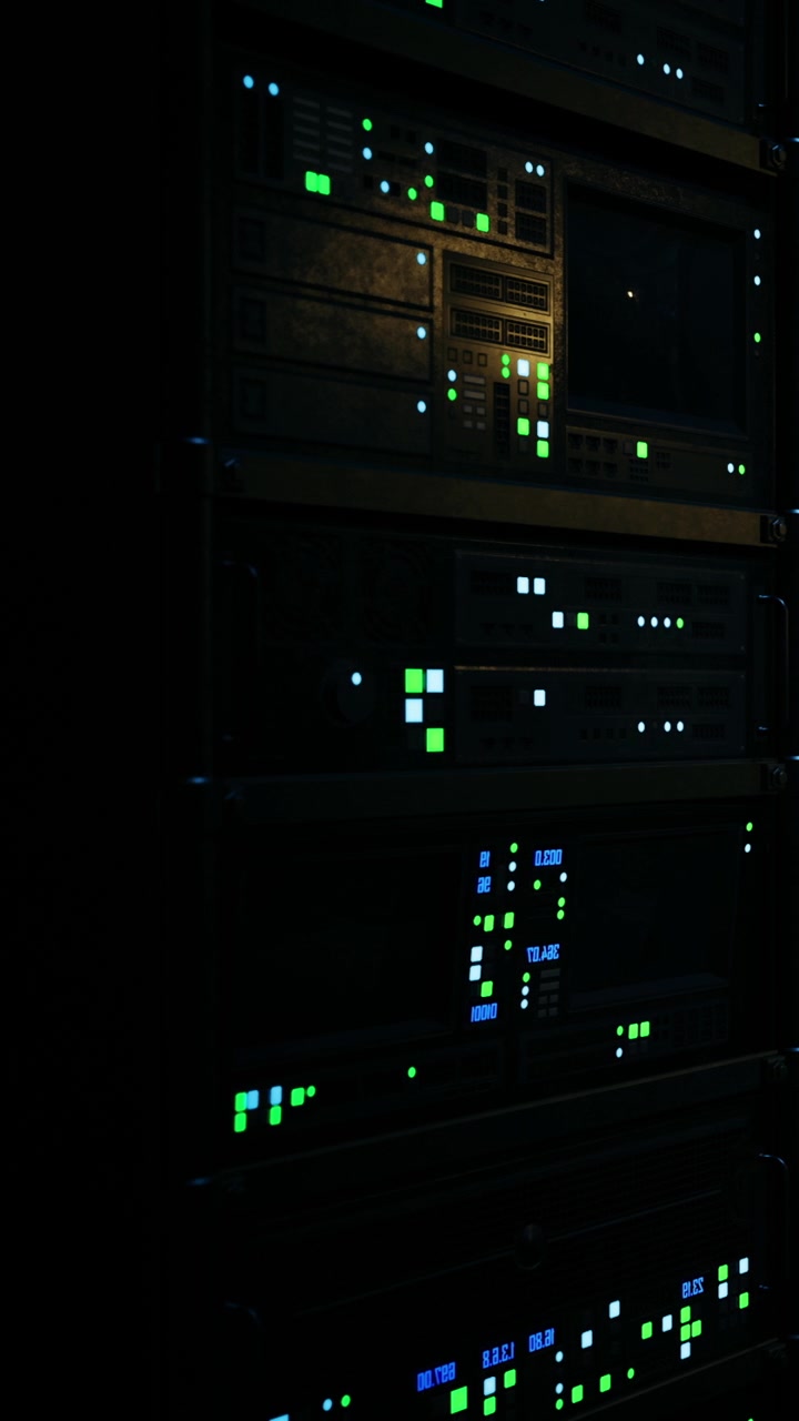 Serverrack med aktive indikatorer i et mørkt rum i aftentimerne