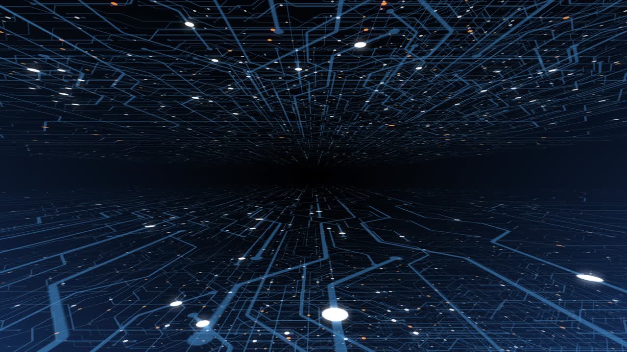 4k bucle sin costuras de tecnología de circuitos impresos concepto cibernético y futurista. placa de circuitos con electrones en movimiento. procesamiento de datos de cpu. animación de datos de pantalla de tecnología futurística hud.