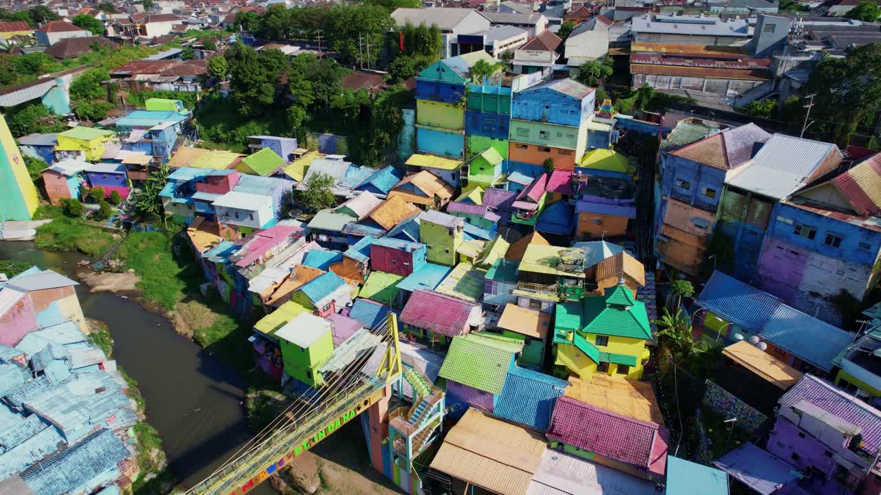 Vibrant aerial of Malang's colorful Kampung Jodipan, a transformed slum