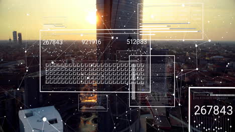 animation of digital data processing over cityscape