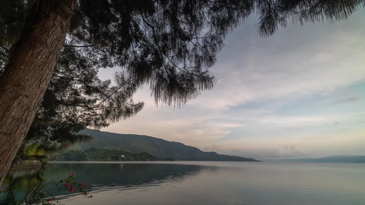 Serene Lake Landscape with Mountains and Overhanging Trees