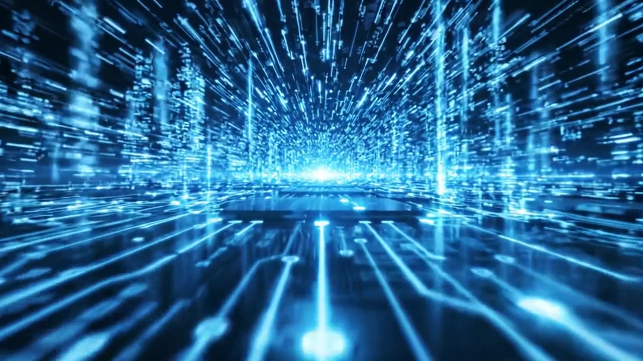 A Dynamic Visual Representation of Rapid Data Transmission, Highlighting Pulsating Blue Light and Streamlined Digital Flow Through a Circuitry Environment
