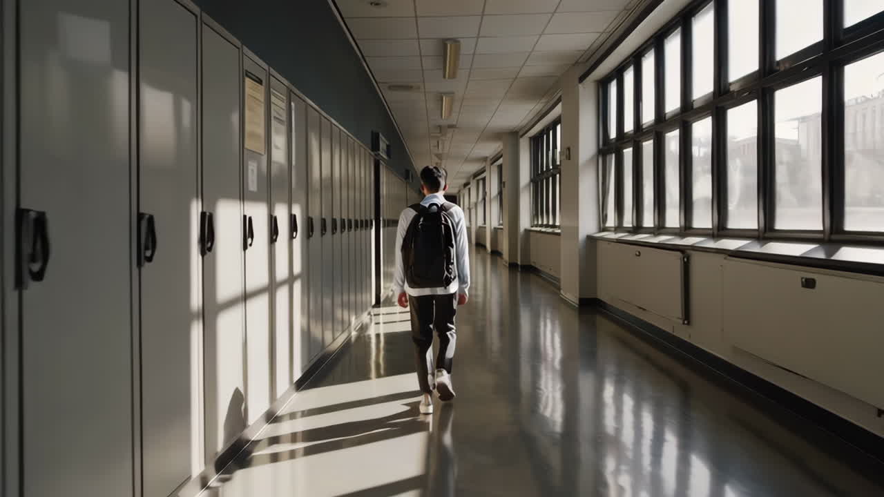 Student walking alone down a sunny school hallway with lockers