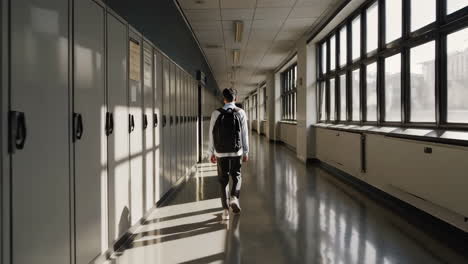 student walking alone down a sunny school hallway with lockers
