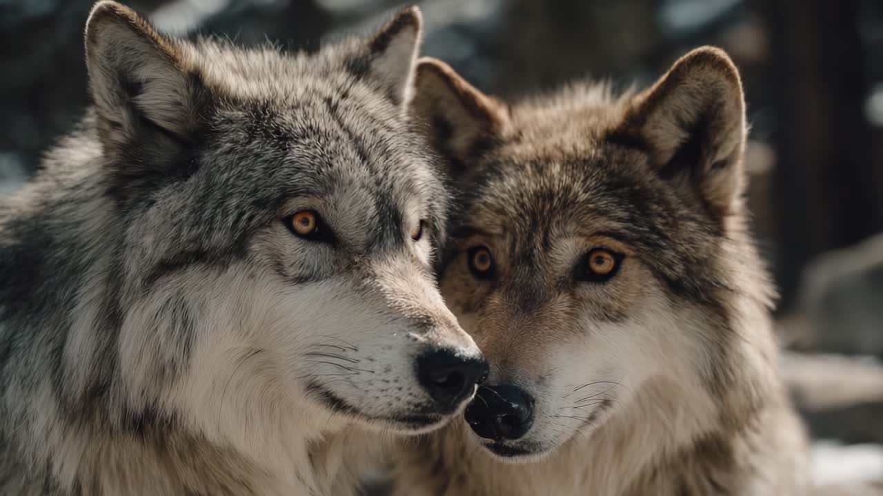 Captivating Close-Up of Two Majestic Wolves Displaying Their Intriguing Expressions and Stunning Fur in a Natural Habitat