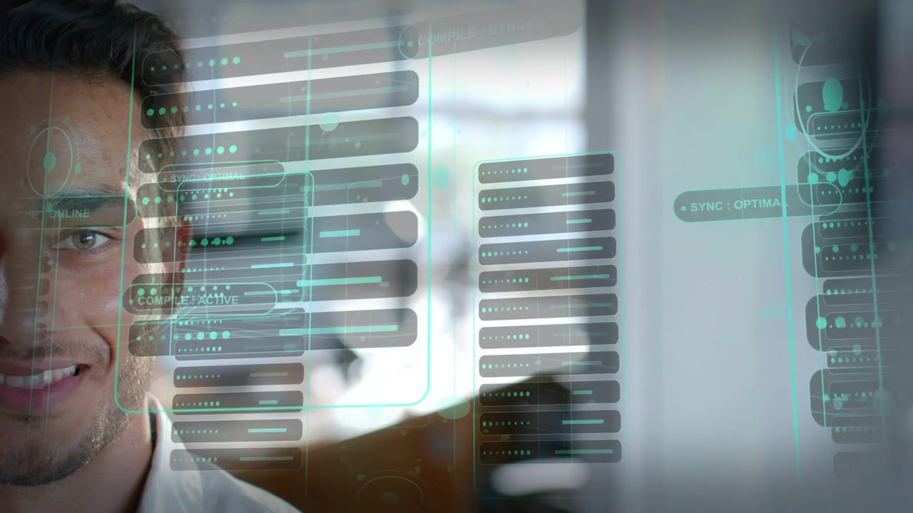 Male tech pro monitoring system status change, watching transparent GUI updating, nodes lighting