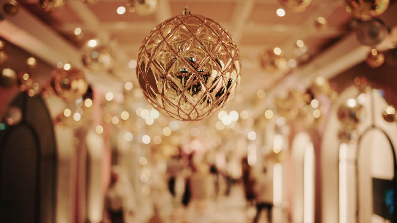 Decorative Christmas ornament suspended under an illuminated arch with warm golden lighting