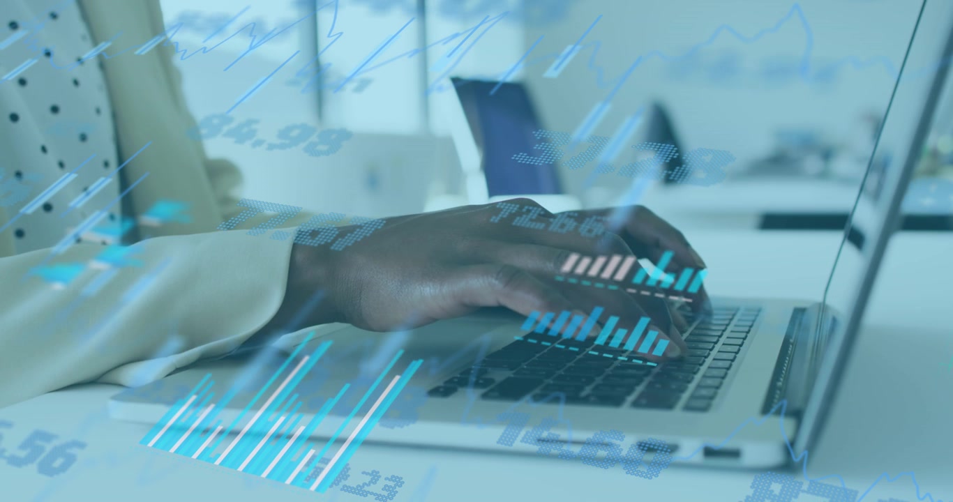 Animation of graphs and trading board over midsection of african american woman working on laptop