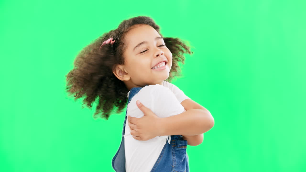 Premium stock video - Green screen, care and child hug self with love